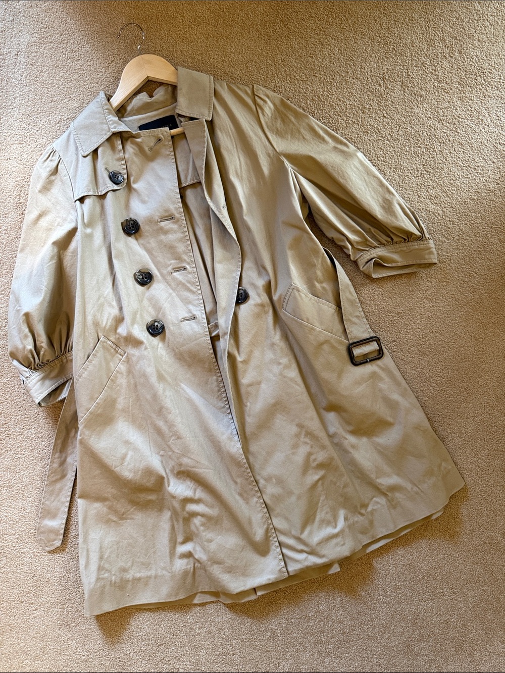 BCBGMaxAzria Khaki Trench Coat with Puff Sleeves